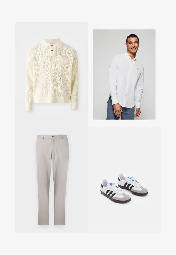 Ljust krämfärgad stickad pullover med ett texturerat mönster, två knappar i halset och en bröstficka. Har ribbade ärmslut och nederkant.; Vit långärmad skjorta med knappar och en liten logotyp på bröstet, tillsammans med ljusblå byxor. Slät väv med klassisk krage.; Ljust grå linnebyxor med skräddarsydd design, knappstängning, sidofickor och rak benavskärning. Mjuk textur och minimala sömdetaljer.; Sportskor med överdel i vit läder, grå mocka på tårna och tre svarta ränder. Har en blå logotyp på tungan och en texturerad gummisula.