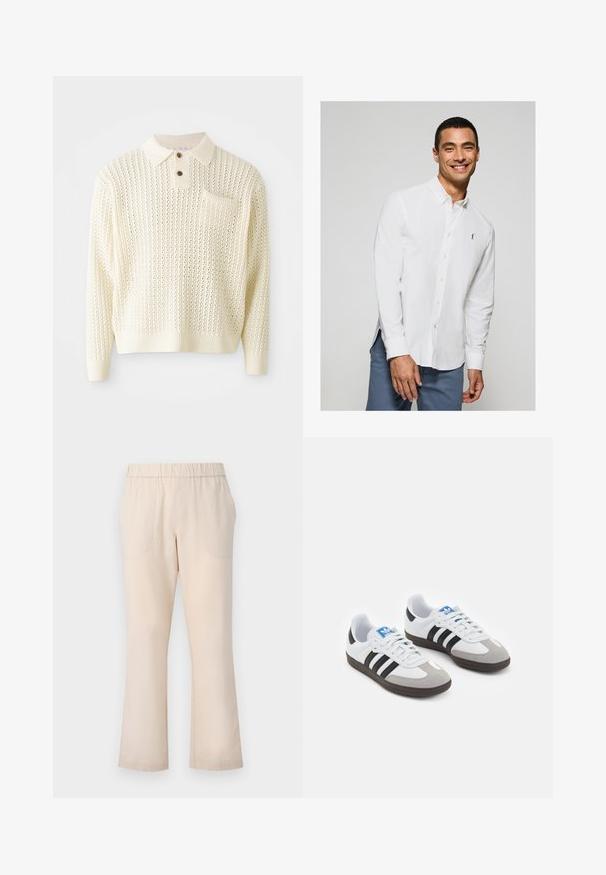 Hellcreme gestrickter Pullover mit strukturiertem Muster, zwei Knöpfen und einer Brusttasche. Verfügt über gerippte Bündchen und Saum.; Weißes Langarm-Hemd mit Knopfleiste und kleinem Logo auf der Brust, kombiniert mit hellblauen Hosen. Glattes Material mit klassischem Kragen.; Beige ausgestellte Hose mit elastischem Bund, zwei Vorderaschen und einer glatten Baumwolltextur. Keine sichtbaren Muster oder Beschläge.; Sportschuhe mit einem Obermaterial aus weißem Leder, grauer Wildleder-Zehenkappe und drei schwarzen Streifen. Sie verfügen über ein blaues Logo auf der Zunge und eine strukturierte Gummisohle.