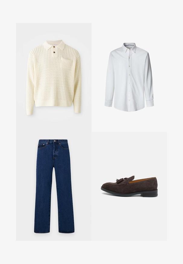 Gaiša krēma dzija adīta džemperis ar teksturētu rakstu, divu pogu aizdari un krūšu kabatu. Iezīmē ribota piegriezuma piedurknes un apakšmalu.; Balta garajumta krekls, kas izgatavots no gludas auduma, ar pogu apkakli un pogām priekšpusē, kā arī taisnu apakšmali.; Tumši zili džinsi ar taisnu kāju griezumu, kuriem ir oranža vīte, pogu aizdare un divas priekšējās kabatas ar kontrastējošām kniedēm.; Paul Smith LAWSON - Čības - brown