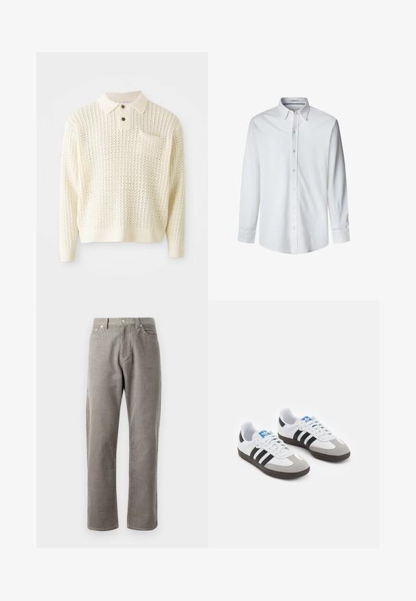Hellcreme gestrickter Pullover mit strukturiertem Muster, zwei Knöpfen und einer Brusttasche. Verfügt über gerippte Bündchen und Saum.; Weißes Langarmhemd aus glattem Stoff, mit Button-Down-Kragen und vorderen Knöpfen sowie geradem Schnitt am Saum.; Grau karierte Hose mit geradem Schnitt, einem hohen Bund, frontalen Taschen und subtiler vertikaler Rippstruktur.; Sportschuhe mit einem Obermaterial aus weißem Leder, grauer Wildleder-Zehenkappe und drei schwarzen Streifen. Sie verfügen über ein blaues Logo auf der Zunge und eine strukturierte Gummisohle.