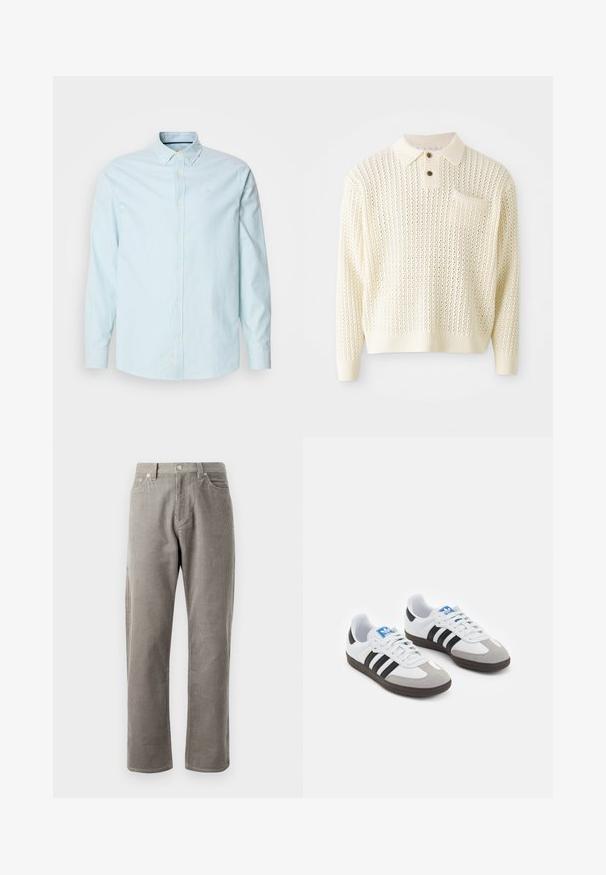 Svetlo kremna pletena pulover z teksturiranim vzorcem, z dvema gumboma in žepom na prsih. Ima rebraste manšete in rob.; Svetlo modra srajca z gumbi, ki ima tanke bele črte, dolge rokave in klasičen ovratnik. Vključuje majhen logotip na prsih.; Sive hlače iz korduroja s ravnim krojem, ki imajo visok pas, sprednje žepe in subtilno vertikalno rebrasto teksturo.; Športni čevlji z belim usnjenim zgornjim delom, sivim semišem na prstih in tremi črnimi črtami. Imajo modro logo na jeziku in teksturiran gumijast podplat.