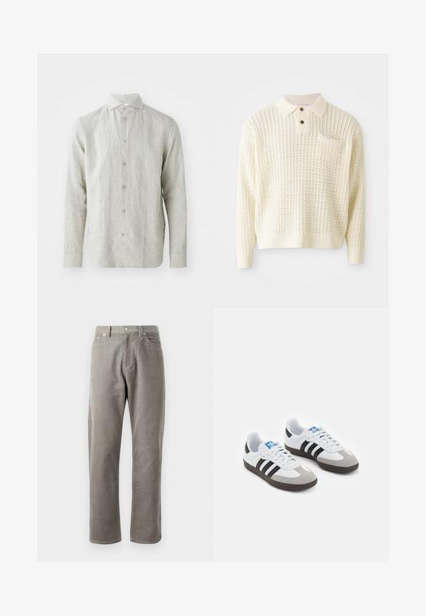 Pulover tricotat de culoare crem deschis, cu un model texturat, guler cu două nasturi și un buzunar pe piept. Prezintă manșete și tiv cu aşezare în relief.; Cămașă din in gri deschis, cu închidere cu nasturi la față, guler clasic și mâneci lungi. Prezintă o textură subtilă și cinci nasturi maro.; Pantaloni din corduroy gri, cu croială dreaptă, având talie înaltă, buzunare frontale și o textura subtilă cu nervuri verticale.; Încălțăminte sport cu un superior din piele albă, vârf din suede gri și trei dungi negre. Prezintă un logo albastru pe limbă și o talpă din cauciuc texturat.