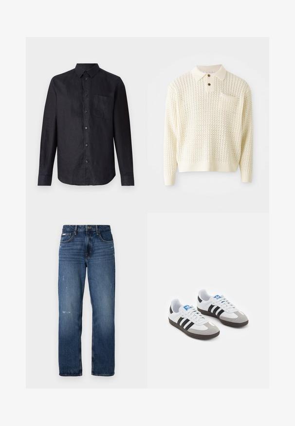 Svetlý krémový pletený pulóver s textúrovaným vzorom, zapínaním na dva gombíky a vreckom na hrudi. Obsahuje rebrované manžety a spodný lem.; Čierna košeľa s dlhým rukávom z textúrovanej tkaniny, so zapínaním na gombíky vpredu, klasickým golierom a náprsníkom na ľavej strane.; Modré denimové džínsy s rovnými nohavicami. Majú vyblednuté miesta a mierne poškodenie vpredu, s klasickým gombíkovým zapínaním.; Športové topánky s bielym koženým zvrškom, šedou semišovou špičkou a tromi čiernymi pruhmi. Obsahujú modré logo na jazyku a štruktúrovanú gumovú podrážku.