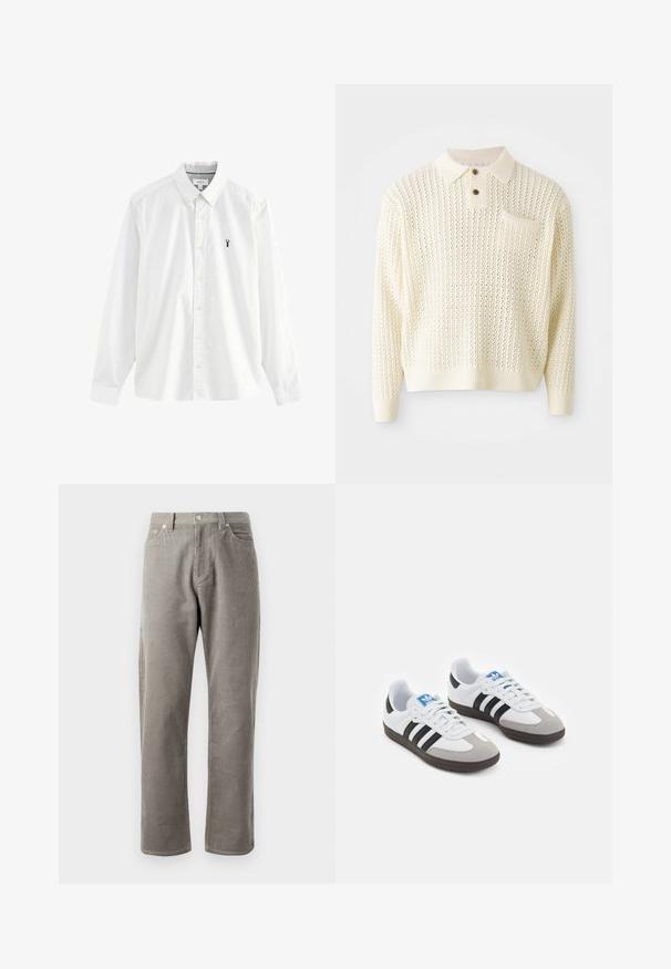 Hellcreme gestrickter Pullover mit strukturiertem Muster, zwei Knöpfen und einer Brusttasche. Verfügt über gerippte Bündchen und Saum.; Weißes Langarmhemd aus Baumwolle. Verfügt über einen Button-Down-Kragen, gelbe Knöpfe und ein kleines dunkelblaues Hummer-Logo auf der linken Brust.; Grau karierte Hose mit geradem Schnitt, einem hohen Bund, frontalen Taschen und subtiler vertikaler Rippstruktur.; Sportschuhe mit einem Obermaterial aus weißem Leder, grauer Wildleder-Zehenkappe und drei schwarzen Streifen. Sie verfügen über ein blaues Logo auf der Zunge und eine strukturierte Gummisohle.