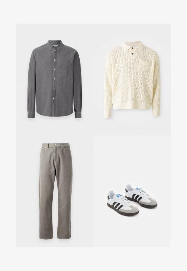 Gaiša krēma dzija adīta džemperis ar teksturētu rakstu, divu pogu aizdari un krūšu kabatu. Iezīmē ribota piegriezuma piedurknes un apakšmalu.; Pelēks garām piedurknēm pogājams krekls, izgatavots no mīksta auduma, ar klasisku apkakli, vienu krūšu kabatu un standarta pogu aizdari.; Pelēkas korduroja bikses ar taisnu piegriezumu, augsta jostasvieta, priekšējām kabatām un smalku vertikālu ribu tekstūru.; Sporta apavi ar balto ādas virsu, pelēku zamšādas purngalu un trim melnām svītrām. Iezīmē zilu logotipu uz mēles un teksturētu gumijas zoli.