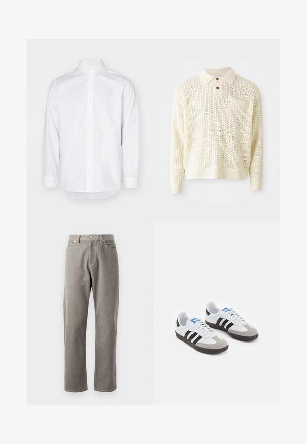 Világos krém színű, kötött pulóver texturált mintával, két gombos nyílással és zsebbeli zsebbel. Ribbelt mandzsetták és szegély jellemzi.; Fehér, hosszú ujjú pamut ing. Gombos gallérral, gombos elülső részel és ívelt aljjal rendelkezik. Sima textúra.; Szürke kordbársony nadrág egyenes szabású szabással, magas derékkal, elülső zsebekkel és finom függőleges bordázott textúrával.; Fehér bőr felsőrészes sportcipő, szürke velúrból készült orral és három fekete csíkkal. Jellemzője a kék logó a nyelvén és egy texturált gumitalp.