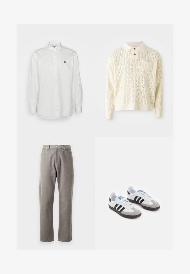 Svetlý krémový pletený pulóver s textúrovaným vzorom, zapínaním na dva gombíky a vreckom na hrudi. Obsahuje rebrované manžety a spodný lem.; Biela košeľa s dlhým rukávom, vyrobená z bavlny, s malým čiernym logom na ľavej hrudi a klasickým golierom s gombíkovými detailmi.; Sivé kordové nohavice so strihom rovného strihu, s vysokým pásom, prednými vreckami a jemnou vertikálnou ribbovou textúrou.; Športové topánky s bielym koženým zvrškom, šedou semišovou špičkou a tromi čiernymi pruhmi. Obsahujú modré logo na jazyku a štruktúrovanú gumovú podrážku.