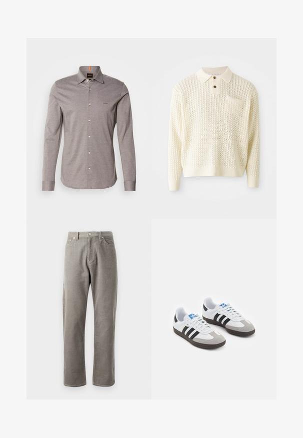Lichte crème gebreide pullover met een textuurpatroon, een placket met twee knopen en een borstzak. Heeft geribbelde manchetten en een zoom.; Lichtgrijs langemouwen shirt met een button-down kraag, klein logo op de linkerborst en witte knopen. Gemaakt van soepele stof met een subtiele textuur.; Grijze corduroy broek met rechte pijpen, voorzien van een hoge tailleband, voorkoeken en een subtiele verticale ribbelstructuur.; Sportschoenen met een witte leren bovenkant, grijze suède neus en drie zwarte strepen. Bevat een blauw logo op de tong en een gestructureerde rubberen zool.