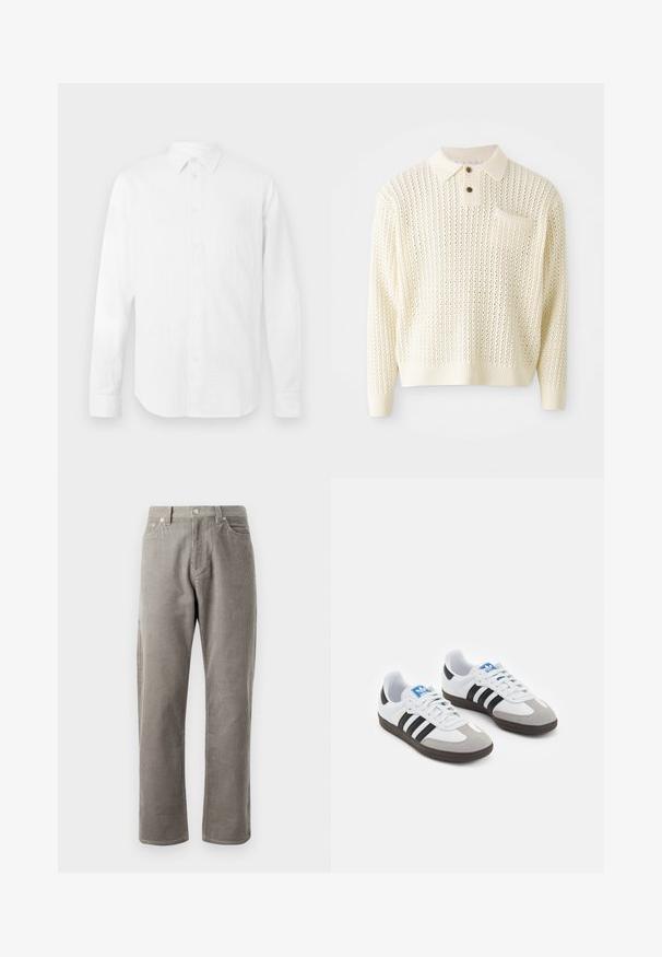 Pulover tricotat de culoare crem deschis, cu un model texturat, guler cu două nasturi și un buzunar pe piept. Prezintă manșete și tiv cu aşezare în relief.; Cămașă albă cu mâneci lungi, dintr-un material texturat, având un guler clasic, închidere cu nasturi și o linie de bază dreaptă, cu o croială lejeră.; Pantaloni din corduroy gri, cu croială dreaptă, având talie înaltă, buzunare frontale și o textura subtilă cu nervuri verticale.; Încălțăminte sport cu un superior din piele albă, vârf din suede gri și trei dungi negre. Prezintă un logo albastru pe limbă și o talpă din cauciuc texturat.