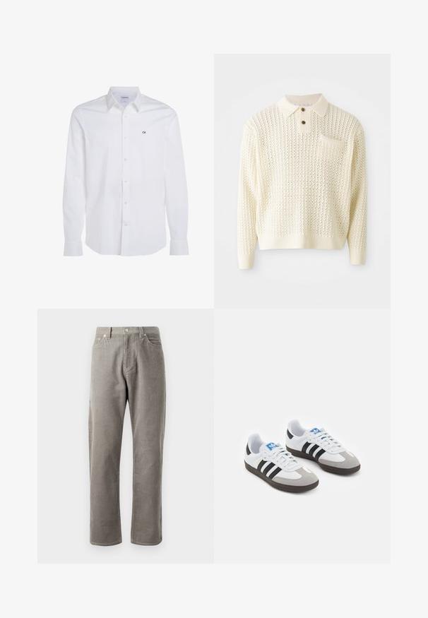 Jasna kremowa dzianinowa bluza z teksturowanym wzorem, z podwójnym zapięciem na guziki oraz kieszenią na piersi. Posiada ściągacze na mankietach i u dołu.; Biała koszula zapinana na guziki, wykonana z bawełny o gładkiej teksturze, z małym czarnym logo "CK" po lewej stronie klatki piersiowej i długimi rękawami.; Szare spodnie z korduroju o prostym kroju nogawek, z wysokim stanem, kieszeniami z przodu i subtelną, pionową teksturą prążkowaną.; Buty sportowe z białą skórzaną cholewką, szarym zamszowym noskiem i trzema czarnymi paskami. Posiadają niebieskie logo na języku oraz teksturowaną gumową podeszwę.