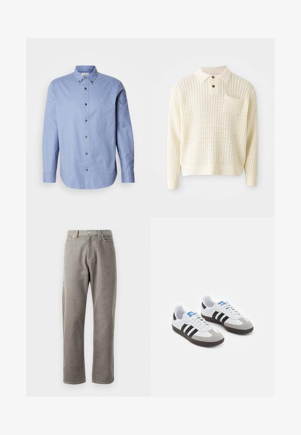 Šviesiai grietinėlės spalvos megztas puloveris su tekstūruotu raštu, dviem mygtukais priekyje ir krūtine kišene. Ypatybių: rifliuotos rankogaliai ir apykaklė.; Šviesiai mėlynas mygtukų marškinis su ilgomis rankovėmis, pagamintas iš lygaus audinio. Turi klasikinį apykaklę, juodus mygtukus ir mažą logotipą ant krūtinės.; Pilkos kordūrinės kelnės su tiesiu kirpimu, turinčios aukštą juosmenį, priekines kišenes ir subtilią vertikalią juostuotą tekstūrą.; Sportiniai batai su balta odine viršutine dalimi, pilku zomšiniu priekiu ir trimis juodomis juostelėmis. Ant liežuvio yra mėlynas logotipas, o padas pagamintas iš tekstūruoto gumos.