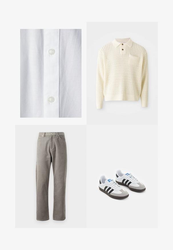 Pullover lavorato a maglia color crema chiaro con un motivo testurizzato, placket con due bottoni e tasca sul petto. Presenta polsini e orlo a coste.; Camicia bianca in tessuto strutturato, con una patta dritta e due bottoni rotondi trasparenti sul davanti.; Pantaloni in corduroy grigio con taglio dritto, caratterizzati da una vita alta, tasche frontali e una sottile texture a righe verticali.; Scarpe sportive con tomaia in pelle bianca, punta in suede grigia e tre strisce nere. Presentano un logo blu sulla linguetta e una suola in gomma testurizzata.