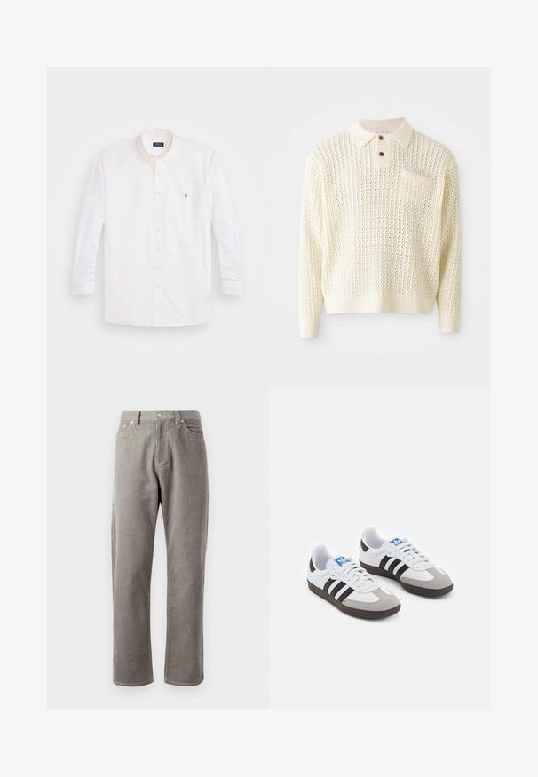 Šviesiai grietinėlės spalvos megztas puloveris su tekstūruotu raštu, dviem mygtukais priekyje ir krūtine kišene. Ypatybių: rifliuotos rankogaliai ir apykaklė.; Balta ilgais rankovėmis marškiniai su mygtukais, pagaminti iš medvilnės. Turi klasikinį apykaklę, auksinius mygtukus ir mažą mėlyną logotipą kairėje krūtinės pusėje.; Pilkos kordūrinės kelnės su tiesiu kirpimu, turinčios aukštą juosmenį, priekines kišenes ir subtilią vertikalią juostuotą tekstūrą.; Sportiniai batai su balta odine viršutine dalimi, pilku zomšiniu priekiu ir trimis juodomis juostelėmis. Ant liežuvio yra mėlynas logotipas, o padas pagamintas iš tekstūruoto gumos.