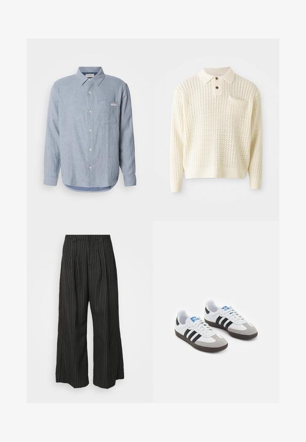 Suéter de punto color crema claro con un patrón texturizado, tapeta de dos botones y un bolsillo en el pecho. Presenta puños y dobladillo acanalados.; Camisa de botones rayada de color azul claro, tejido de algodón, mangas largas, cuello puntiagudo, un bolsillo en el pecho y detalle de etiqueta con logo.; Pantalones de pierna ancha a rayas negras con pliegues, que presentan un diseño ajustado y una textura suave. Sin herrajes ni acentos visibles.; Zapatillas deportivas con parte superior de piel blanca, puntera de ante gris y tres rayas negras. Presentan un logo azul en la lengüeta y una suela de goma texturizada.