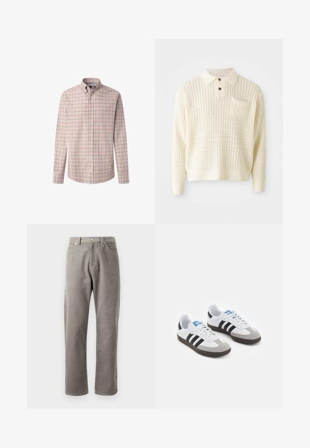 Hellcreme gestrickter Pullover mit strukturiertem Muster, zwei Knöpfen und einer Brusttasche. Verfügt über gerippte Bündchen und Saum.; Herren Langarm-Hemd aus leichtgrauem Stoff mit kariertem Muster in Rot und Marineblau. Mit klassischem Kragen und Knopfmanschetten.; Grau karierte Hose mit geradem Schnitt, einem hohen Bund, frontalen Taschen und subtiler vertikaler Rippstruktur.; Sportschuhe mit einem Obermaterial aus weißem Leder, grauer Wildleder-Zehenkappe und drei schwarzen Streifen. Sie verfügen über ein blaues Logo auf der Zunge und eine strukturierte Gummisohle.