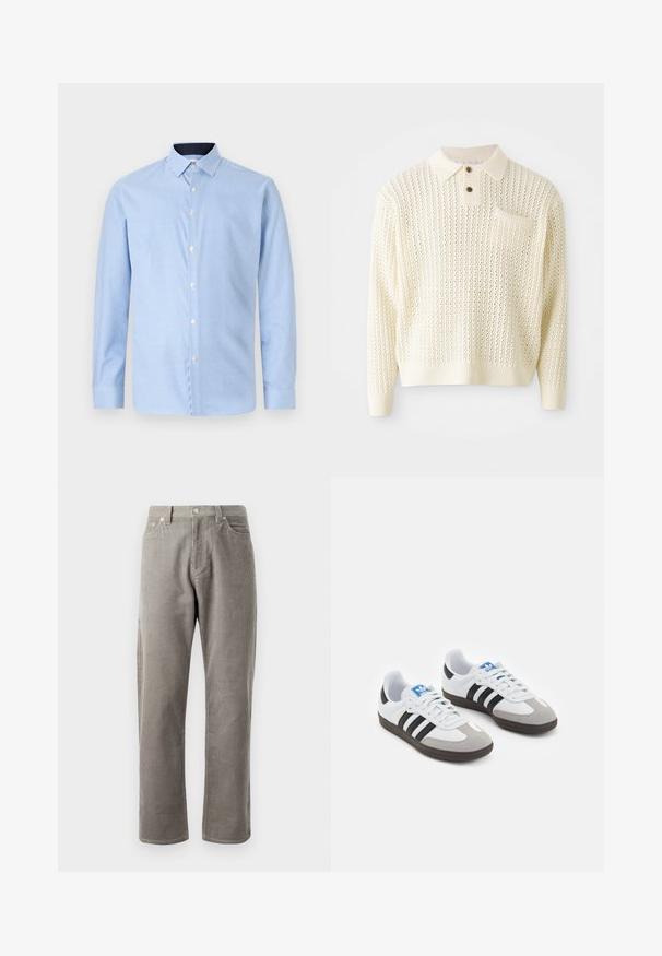 Hele kreemikas kudumine särk tekstuuriga mustriga, kahekohaline nööbiplokk ja rinnaTasku. Omab soonikuid mansette ja helmi.; Hea sinine pikkade varrukatega särk väikeste ruudukestega, valgete nuppudega ja kontrastse tume sinise kraega. Pehme tekstuur.; Hallüütuskraadi külgedelt sirge lõikega hallid korduroo püksid, kõrge talje, esi-taskud ja peene vertikaalne soonik tekstuur.; Spordijalatsid valge nahkpealsega, halli nubuk-naha otsaga ja kolme musta triibuga. Omab sinist logo keele peal ja struktureeritud kummitalda.