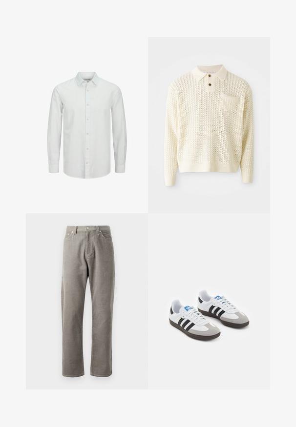 Pullover lavorato a maglia color crema chiaro con un motivo testurizzato, placket con due bottoni e tasca sul petto. Presenta polsini e orlo a coste.; Camicia bianca a maniche lunghe con bottoni, realizzata in tessuto leggero, con colletto classico e una leggera texture. Bottoni in colore abbinato.; Pantaloni in corduroy grigio con taglio dritto, caratterizzati da una vita alta, tasche frontali e una sottile texture a righe verticali.; Scarpe sportive con tomaia in pelle bianca, punta in suede grigia e tre strisce nere. Presentano un logo blu sulla linguetta e una suola in gomma testurizzata.