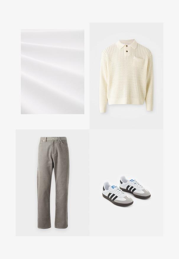 Hele kreemikas kudumine särk tekstuuriga mustriga, kahekohaline nööbiplokk ja rinnaTasku. Omab soonikuid mansette ja helmi.; Valge kangas tekstureeritud, kortsus pinnaga, millel on pehmed voldid ja õrn sära. Sile viimistlus, ilma nähtavate mustrite või aktsentideta.; Hallüütuskraadi külgedelt sirge lõikega hallid korduroo püksid, kõrge talje, esi-taskud ja peene vertikaalne soonik tekstuur.; Spordijalatsid valge nahkpealsega, halli nubuk-naha otsaga ja kolme musta triibuga. Omab sinist logo keele peal ja struktureeritud kummitalda.