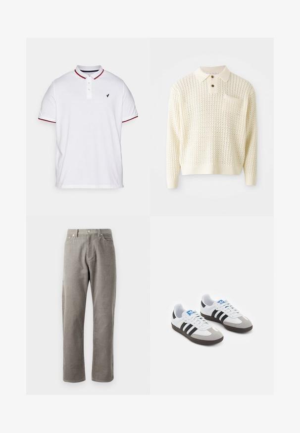 Pull en tricot couleur crème clair avec un motif texturé, patte de boutonnage à deux boutons et poche poitrine. Il possède des poignets et un ourlet côtelés.; Polo shirt blanc avec col, patte de boutonnage à trois boutons, accents rayés rouge et bleu marine sur les manches, et un petit logo noir sur la poitrine.; Pantalons en velours côtelé gris avec une coupe droite, dotés d'une taille haute, de poches avant et d'une texture côtelée verticale subtile.; Baskets avec une tige en cuir blanc, un bout en daim gris et trois bandes noires. Présente un logo bleu sur la languette et une semelle en caoutchouc texturée.
