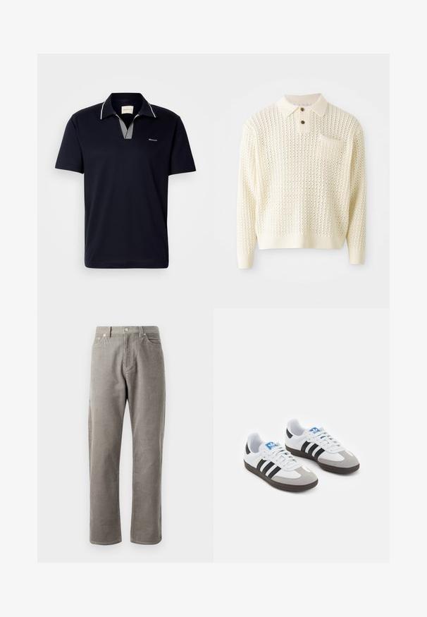 Lyscreme strikket pullover med et tekstureret mønster, to-knap strop og en brystlomme. Har ribbede manchetter og kant.; Mørkeblå kortærmet polo-shirt i bomuld, med stribet krave og V-udskæring, samt et lille logo på brystet.; Grå kordfløjlsbukser med lige ben, der har en høj talje, forlommer og en subtil lodret ribbet tekstur.; Sportsko med en overdel i hvid læder, grå ruskind på tåen og tre sorte striber. Har et blåt logo på tungen og en struktureret gummisål.