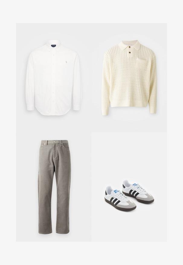 Lys kremfarget strikket genser med strukturskjema, to-knappers stolpe og brystlomme. Har ribbestrikket mansjetter og nederkant.; Hvit langermet skjorte med krage med knapper, frontknapper og en liten brodert logo på venstre bryst. Laget av bomull.; Grå kordfløjlsbukser med lige ben, som har høj talje, frontlommer og en subtil vertikal ribbet tekstur.; Sportssko med en hvit skinnoverdel, grå semsket tå og tre svarte striper. Har en blå logo på tungen og en teksturert gummisåle.