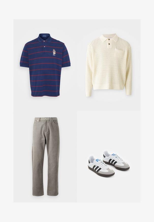 Světle krémový pletený pulovr s texturovaným vzorem, zapínáním na dva knoflíky a náprsní kapsou. Obsahuje žebrované manžety a lem.; Námořnická modrá polo tričko s vínovými horizontálními pruhy, límeček na dva knoflíky a vyšívané logo medvěda na levé hrudi. Bavlněný materiál, krátké rukávy.; Šedé manšestrové kalhoty se střihem rovného nohavice, vysokým pasem, předními kapsami a jemnou vertikální strukturou.; Sportovní boty s bílým koženým svrškem, šedou semišovou špičkou a třemi černými pruhy. Obsahují modré logo na jazyku a texturovanou gumovou podrážku.