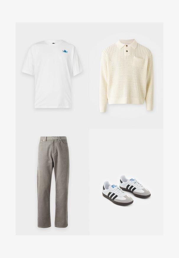 Hellcreme gestrickter Pullover mit strukturiertem Muster, zwei Knöpfen und einer Brusttasche. Verfügt über gerippte Bündchen und Saum.; Weißes T-Shirt mit kurzen Ärmeln, kleinem blauen Logo und dem Text "1967" auf der oberen linken Brustseite, vor einem schlichten Hintergrund dargestellt.; Grau karierte Hose mit geradem Schnitt, einem hohen Bund, frontalen Taschen und subtiler vertikaler Rippstruktur.; Sportschuhe mit einem Obermaterial aus weißem Leder, grauer Wildleder-Zehenkappe und drei schwarzen Streifen. Sie verfügen über ein blaues Logo auf der Zunge und eine strukturierte Gummisohle.