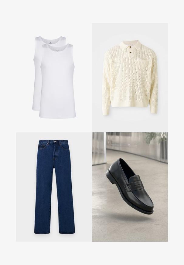 Vaalean kermavärinen neulepullover, jossa on kuvioknittausteksti, kaksinappinen avaus ja rintatasku. Varustettu ribbaatuilla hihoilla ja helmalla.; Valkoiset puuvillaiset hihattomat topit, pyöreä pääntie, yksinkertainen kuvio, pehmeä ja kevyt kangas. Kaksi kappaletta esillä.; Tummansiniset farkut suoranlahkeisella leikkauksella, joissa on oranssia ompelua, napitettava sulku ja kaksi etutaskua erottuvilla niiteillä.; Mustat nahkaiset loaferit, joissa on sileä pinta, kärjekäs kärki ja koristeellinen remmi jalkapöydän yli. Kevyt pohja, minimalistinen muotoilu.