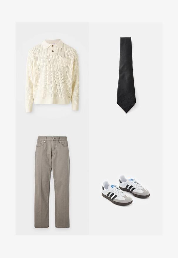 Gaiša krēma dzija adīta džemperis ar teksturētu rakstu, divu pogu aizdari un krūšu kabatu. Iezīmē ribota piegriezuma piedurknes un apakšmalu.; Pelēki džinsi ar taisnu kāju griezumu, ar pogu aizdari, priekšējām kabatām un nemanāmiem izšuvumiem. Bez rakstiem vai nolietojuma.; Sporta apavi ar balto ādas virsu, pelēku zamšādas purngalu un trim melnām svītrām. Iezīmē zilu logotipu uz mēles un teksturētu gumijas zoli.; Melns tauriņš ar teksturētu rakstu, kas virzās uz izteiktu galu. Izgatavots no gludas auduma, ar smalku dizainu. Izmēri šķiet standarti.