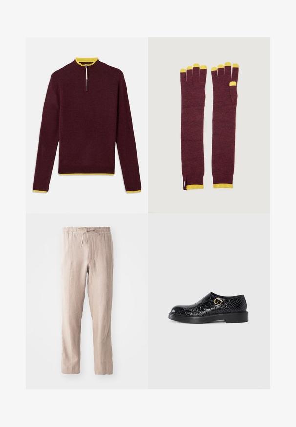 Burgundský pletený svetr s žlutým vroubkovaným límcem, zipovým uzávěrem a dlouhými rukávy. Měkká textura a klasický design.; Béžové lněné kalhoty s elastickým páskem a šňůrkou. Rovný střih s jemnou texturou a minimalistickým stylem.; Černá kožená bota s texturou embosovaného krokodýla, kulatou špičkou, plochou gumovou podrážkou a zlatým čtvercovým přezkovým detailem po straně.; Bordové pletené rukavice se žlutými akcenty na prstech a manžetách. Mají dlouhý design, který pokrývá předloktí. Jemná textura, bezšvová konstrukce.