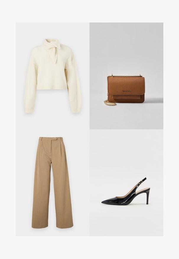 Avkortad krämfärgad tröja med hög krage och knyt-detalj, tillverkad av ett mjukt tyg. Har ribbade stickade manschetter och nederkant.; Vida byxor i ljusbrunt, tillverkade av texturerad tyg. Har framveck och en åtsittande midja. Enkel design utan synlig hårdvara.; Svart patenterat läder slingback pumps med spetsig tå, smal klack och en subtil utskärning. Har en guldbuckle på remmen.; Brun texturerad läder crossbody-väska med guldkedja och klaffstängning. Framsidan har logotypdetalj och en ficka under klaffen.