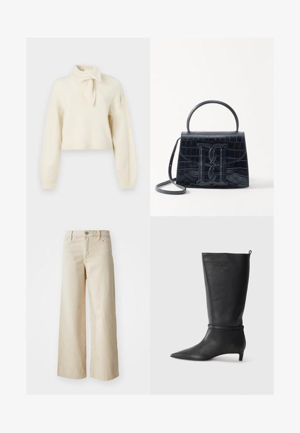 Cropped cream sweater with a high neck and tie detail, made of a soft fabric. Features ribbed knit cuffs and hem.; Beige wide-leg jeans made of denim, featuring a high waist, button closure, belt loops, and side pockets. Smooth texture and relaxed fit.; Black leather knee-high boot with a pointed toe, accented by a circular strap around the ankle and a low, tapered heel. Smooth texture.; Black crocodile-embossed leather handbag with a structured design, top handle, adjustable strap, and a prominent front logo detail.