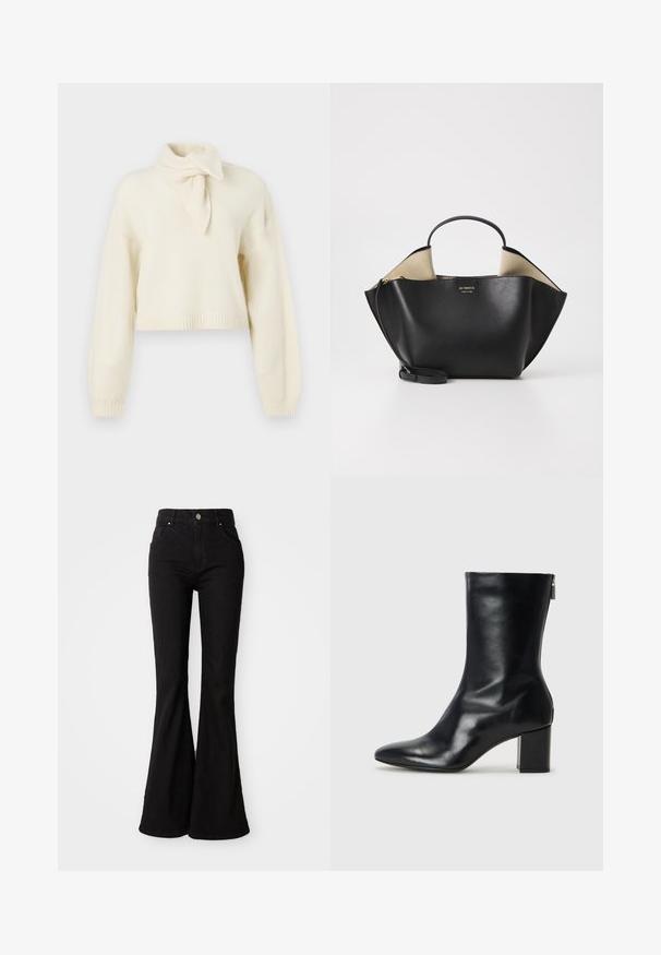 Trumpas kreminės spalvos megztinis su aukštu kaklu ir raišteliu, pagamintas iš minkštos medžiagos. Yra šonkauliniai megztinių rankogaliai ir apatinė dalis.; Juodi platėjantys džinsai, pagaminti iš džinsinio audinio, su aukštu liemeniu, mygtukų užsegimu ir klasikiniu penkių kišenių dizainu. Lygus paviršius ir vienodas atspalvis.; Juodų odinių kulkšninių botų su smailiu nosiu ir 4 cm pločio bloku. Išskirtinis dizainas pasižymi šoniniu užtrauktuku, leidžiančiu lengvai apsiauti. Lygi tekstūra.; Ree Projects ANN TOTE MINI - Rankinė - black