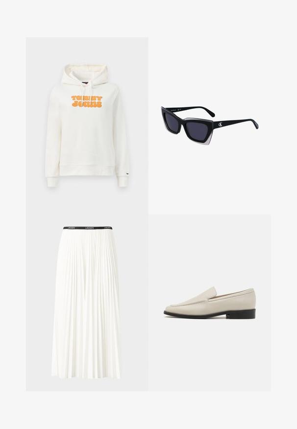 Creme hoodie lavet af blødt stof, med et iøjnefaldende orange "TOMMY JEANS" print på forsiden, samt en hætte med snøre og ribbede manchetter.; Plisseret hvid nederdel med en sort elastisk talje, der har "LACOSTE"-logoet. Mellemlang design med blød tekstur.; Beige læder slip-on loafers med et slankt design, mandelformet tå, minimal syning og en lav sort hæl. Glat overflade.; Store sorte oversized solbriller med geometrisk form, med mørke linser og en kontrasterende grå detalje på stellet. Logo på armen.