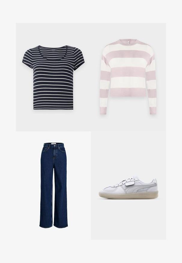 Pull en maille rayé rose clair et blanc, à manches longues, col rond et poignets côtelés, avec un design court et une texture lisse.; T-shirt à manches courtes rayé bleu marine et blanc avec un décolleté en scoop. Fabriqué en tissu doux, avec des rayures horizontales uniformes de largeurs variées.; Jean en denim bleu foncé taille haute avec jambes larges, bouton frontal et design à cinq poches.; Baskets blanches en cuir avec des accents gris, fermeture à lacets et semelle en caoutchouc texturée. Présente un logo bien en vue sur le côté.