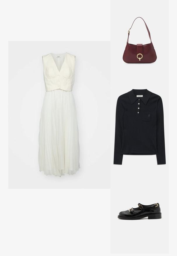 Černé žebrované pletené polo tričko s dlouhým rukávem a límcem, čtyřmi stříbrnými knoflíky a malou náprsní kapsou s decentním vyšívaným logem.; sandro ROBE - Denní šaty - ecru; Černé kožené boty s brogue detaily, vybavené dvěma sponami, zaoblenou špičkou a nízkým podpatkem. Hladký povrch s lesklým finišem.; Burgundská kožená kabelka s zakřiveným tvarem, zlatým kruhovým kovovým prvkem a jedním popruhem na rameno. Hladký povrch, minimalistický design.