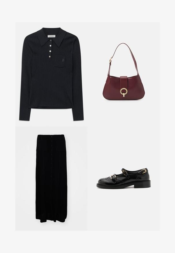 Fekete bordázott kötött hosszú ujjú pólóing gallérral, négy ezüst gombbal és egy kis mellzsebbel, amelyen finom hímzett logó található.; Fekete kötött hosszú szoknya, elöl gombos záródással, két elülső zsebbel, texturált anyagból készült, és egyenes szabású.; Fekete bőrcipők brogue díszítéssel, két csattal, lekerekített orral és alacsony sarokkal. Simább felület fényes kivitelben.; Burgundi bőrtáska ívelt formával, arany kör alakú hardware díszítéssel és egyetlen vállpánttal. Simás textúra, minimalista dizájn.
