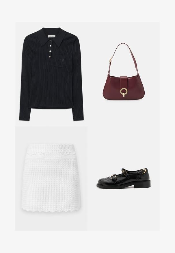 Musta ribbioitu neulepaita pitkillä hihoilla, jossa on kaulus, neljä hopeista nappia ja pieni rintatasku, jossa on Hillitysti brodeerattu logo.; sandro JUPE MAILLE MINI POINT FANTAISIE - Minihame - blanc; Musta nahkakengät brogue-yksityiskohdilla, joissa on kaksi solkea, pyöristetty kärki ja matala korko. Sileä pinta kiiltävällä viimeistelyllä.; Burgunderfärgad läderhandväska med en kurvad form, en guldfärgad cirkulär detalj och ett enda axelband. Slät textur, minimalistisk design.