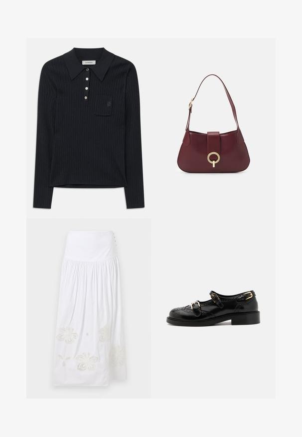 Polo a maniche lunghe in maglia a coste nera con colletto, quattro bottoni argentati e una piccola tasca sul petto con un logo ricamato discreto.; sandro SKIRT - Gonna lunga - ecru; Scarpe in pelle nera con dettagli brogue, dotate di due cinturini con fibbia, punta arrotondata e tacco basso. Texture liscia con finitura lucida.; Borsa a tracolla in pelle borgogna con forma curva, accentuata da un hardware oro circolare e una singola tracolla. Texture liscia, design minimalista.