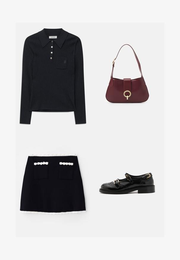 Polo a maniche lunghe in maglia a coste nera con colletto, quattro bottoni argentati e una piccola tasca sul petto con un logo ricamato discreto.; Gonna nera con un bordo in pizzo bianco all'orlo, dotata di due tasche frontali decorate con dettagli in pizzo. Texture liscia, forma ad A.; Scarpe in pelle nera con dettagli brogue, dotate di due cinturini con fibbia, punta arrotondata e tacco basso. Texture liscia con finitura lucida.; Borsa a tracolla in pelle borgogna con forma curva, accentuata da un hardware oro circolare e una singola tracolla. Texture liscia, design minimalista.