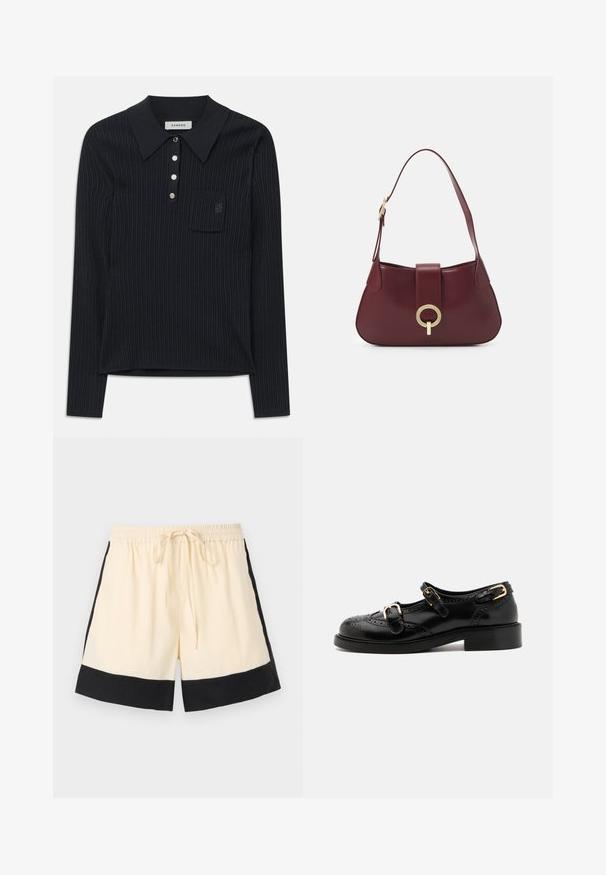 Zwarte geribbelde gebreide langemouwen poloshirt met kraag, vier zilveren knopen en een klein borstzakje met een subtiel geborduurd logo.; Crème-kleurige shorts met een zwarte zoom, elastische tailleband en een trekkoord aan de voorkant. De zijkanten hebben zwarte accenten, wat zorgt voor een sportief ontwerp.; Zwarte leren schoenen met brogue-details, voorzien van twee gespsluitingen, een ronde neus en een lage hak. Glad oppervlak met een glanzende afwerking.; Bordeaux leren handtas met een gebogen vorm, een gouden cirkelvormige hardware accent en een enkele schouderband. Zachte textuur, minimalistisch ontwerp.
