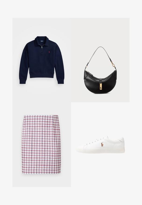 Námorný pulóver s štvrtinovým zipsom vyrobený z mäkkej bavlny, s rebrovaným golierom, manžetami a spodným lemom, s malým červeným logom na hrudníku.; Tkaná sukňa v červenej, bielej a modrej kárované vzor, s rovnou siluetou a hladkou textúrou, s pásom do strednej výšky.; Biele kožené tenisky s nízkym strihom, s hladkou textúrou, okrúlym špičkou, šnurovaním vpredu a malým vyšitým logom na boku.; Čierna kožená kabelka v tvare polmesiaca. Obsahuje zlaté kovové doplnky a úzku rúčku. Hladká textúra, zips na vrchu.
