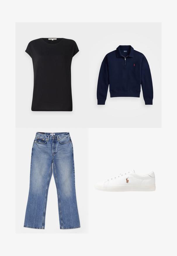 Jūras spēku ceturtdaļas rāvējslēdzēja pulovers, kas izgatavots no mīksta kokvilnas, ar ribotu apkakli, aprocēm un apakšmalu, uz krūtīm ar mazu sarkanu logotipu.; Melna īsām piedurknēm topa forma, izgatavota no mīkstas auduma, ar apaļu dekoltē un brīvu piegriezumu. Iezīmē ruļļveida piedurknes un gludu, vienmērīgu tekstūru.; RE/DONE LOOSE - Bootcut piegriezuma džinsi - hacienda; Baltas ādas sporta apavi, zema dizaina, ar gludu tekstūru, noapaļotu purngalu, ar auklēm priekšpusē un nelielu izšūtu logotipu sānos.