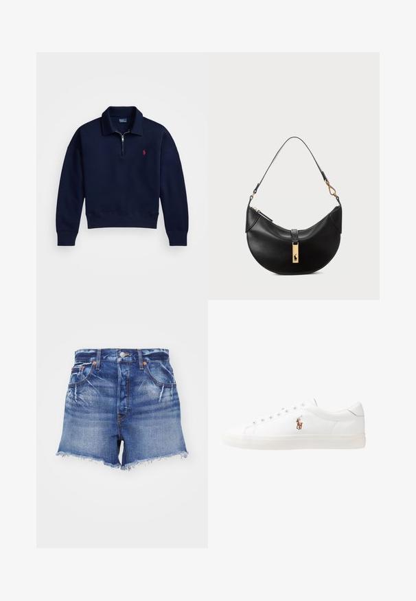 Mornarska pulover s četrvrtinastim luksom, izrađen od mekog pamuka, sa rebrastim ovratnikom, manžetama i donjim rubom, te malim crvenim logotipom na prsima.; RE/DONE LOW SLUNG - Kratke hlače od trapera - lightning; Bijele kožne tenisice, niskog kroja, s glatkom teksturom, okruglim vrhom, vezanjem sprijeda i malim izvezenim logom sa strane.; Crna kožna torba u obliku polumjeseca. Ima zlatne akcentne detalje i usku traku. Glatka tekstura, zatvaranje na rajsferšlus na vrhu.