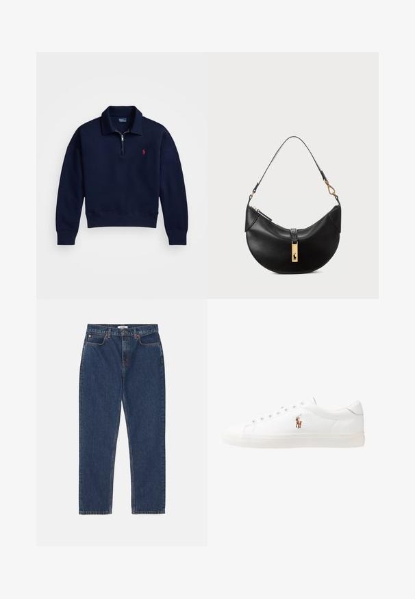 Pomorska pulover z ohlapnim zapiranjem na četrt, izdelan iz mehkega bombaža, z rebrastim ovratnikom, manšetami in zaključkom, ter majhnim rdečim logotipom na prsih.; RE/DONE LOOSE LONG - Ravne kavbojke - dark blue denim; Bela usnjena teniski čevlji, nizki model, z gladko teksturo, okrogle konice, vezavi spredaj ter majhnim vezenim logotipom na strani.; Črna usnjena torbica v obliki polmeseca. Ima zlato kovinsko dekoracijo in ozek trak. Gladka tekstura, z zadrgo na vrhu.
