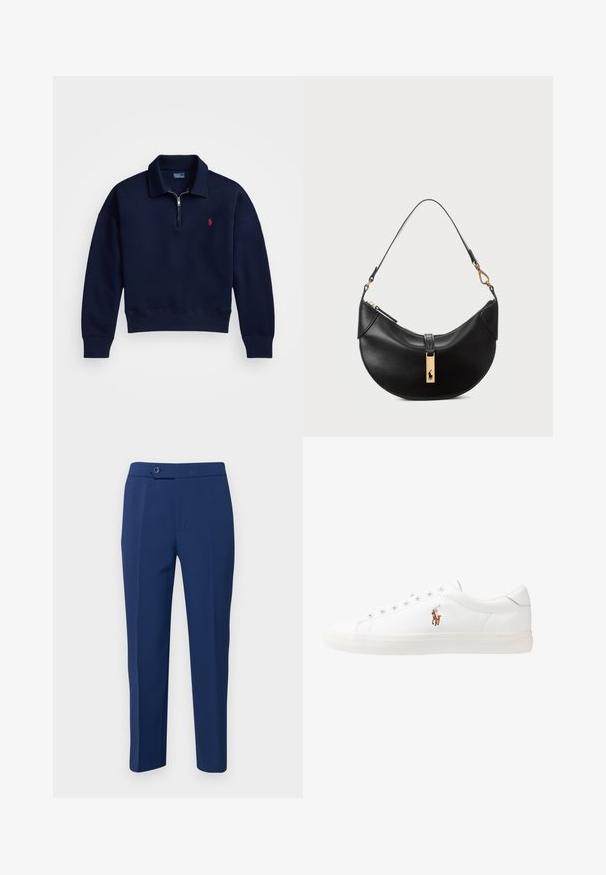 Jūras spēku ceturtdaļas rāvējslēdzēja pulovers, kas izgatavots no mīksta kokvilnas, ar ribotu apkakli, aprocēm un apakšmalu, uz krūtīm ar mazu sarkanu logotipu.; Tumši zila pielāgotā bikses ar gludu tekstūru, šauru piegriezumu, priekšējām kabatām un vienu pogu aizdari jostasvietā.; Baltas ādas sporta apavi, zema dizaina, ar gludu tekstūru, noapaļotu purngalu, ar auklēm priekšpusē un nelielu izšūtu logotipu sānos.; Melnas ādas rokas soma pusmēness formas. Iezīmē zelta metāla akcentus un šauru siksniņu. Gluda tekstūra, rāvējslēdzēja aizdare augšpusē.