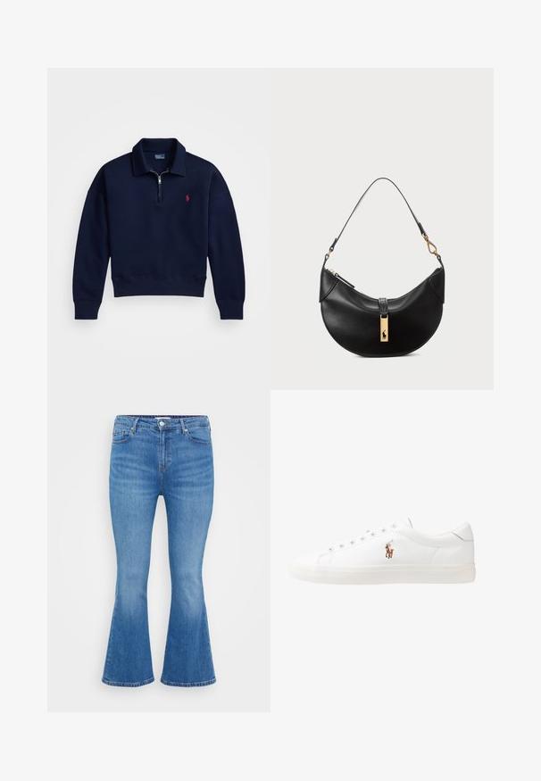 Pólvora de media cremallera en color azul marino, fabricada en suave algodón, con un cuello, puños y dobladillo de canalé, y un pequeño logotipo rojo en el pecho.; Vaqueros acampanados de denim azul claro, con una cintura alta, cinco bolsillos y un cierre de botón clásico. Textura suave con un ligero desvanecimiento.; Zapatillas de cuero blancas, diseño de corte bajo, con una textura suave, puntera redonda, cordones en la parte delantera y un pequeño logo bordado en el lateral.; Bolso de cuero negro en forma de media luna. Presenta un acento de hardware dorado y una correa estrecha. Textura suave, cierre de cremallera en la parte superior.; Pendientes de botón en tono dorado con un diseño retorcido. Cada pendiente cuenta con un respaldo circular transparente para una sujeción segura.