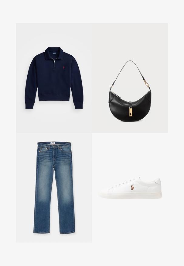 Pólvora de media cremallera en color azul marino, fabricada en suave algodón, con un cuello, puños y dobladillo de canalé, y un pequeño logotipo rojo en el pecho.; RE/DONE THE ANDERSON - Vaqueros rectos - ladysmith; Zapatillas de cuero blancas, diseño de corte bajo, con una textura suave, puntera redonda, cordones en la parte delantera y un pequeño logo bordado en el lateral.; Bolso de cuero negro en forma de media luna. Presenta un acento de hardware dorado y una correa estrecha. Textura suave, cierre de cremallera en la parte superior.