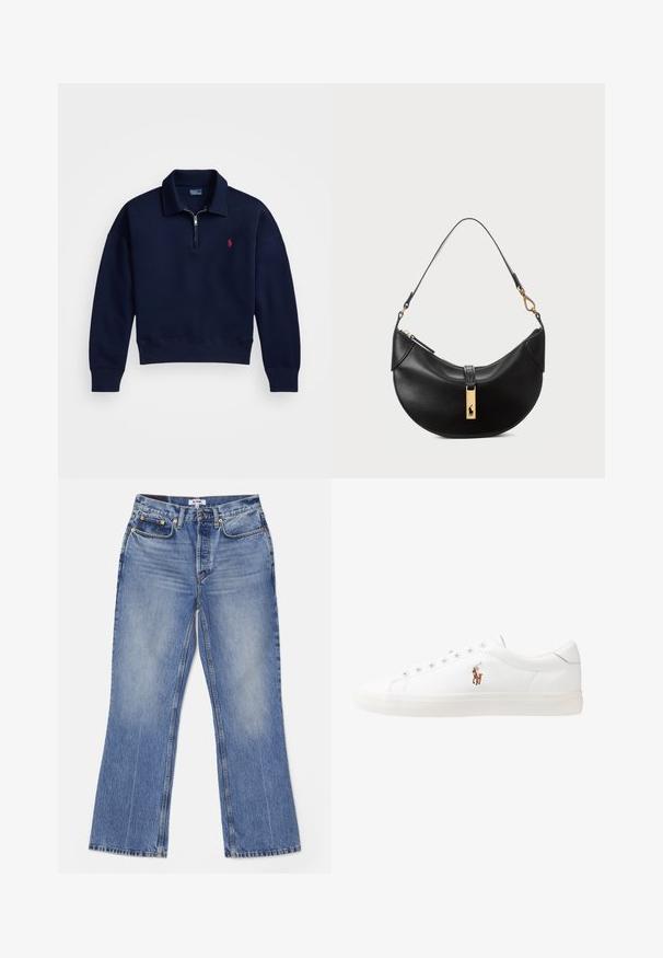 Jūrinis keturių užtrauktukų puloveris, pagamintas iš minkštos medvilnės, su raukšlėtu apykakle, rankogaliais ir apačia, ant krūtinės yra mažas raudonas logotipas.; RE/DONE LOOSE - Šiek tiek platėjantys apačioje džinsai - hacienda; Baltos odinės sportbačiai, žemo profilio, su lygia tekstūra, apvalia nosimi, raištelių sistema priekyje ir mažyte siuvinėta logo šone.; Juodos odos rankinė pusmėnulio forma. Papuošta auksinėmis detalėmis ir siaura juosta. Lygi tekstūra, užtrauktuko uždarymas viršuje.