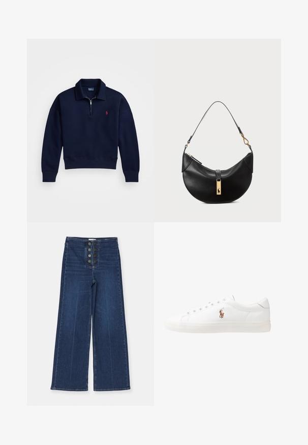 Námořnická pulovrová mikina s čtvrtinovým zipem, vyrobená z měkké bavlny, s žebrovaným límcem, manžetami a lemem, s malým červeným logem na hrudi.; Džíny s širokými nohavicemi v tmavě modré barvě, s vysokým pasem a pěti knoflíkovým zapínáním, s hladkou strukturou a mírným vyblednutím.; Bílé kožené tenisky, nízký střih, s hladkým povrchem, kulatou špičkou, šněrováním v přední části a malým vyšitým logem na boku.; Černá kožená kabelka ve tvaru půlměsíce. Obsahuje zlaté kovové detaily a úzký popruh. Hladký povrch, zapínání na zip na vrchu.